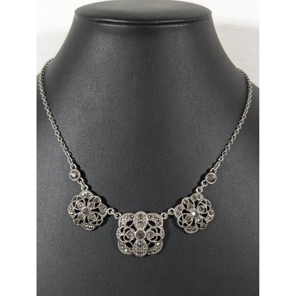 Liz Claiborne Gray Marcasite Square Retro Open Metal Work Statement Necklace 18" - Picture 1 of 8